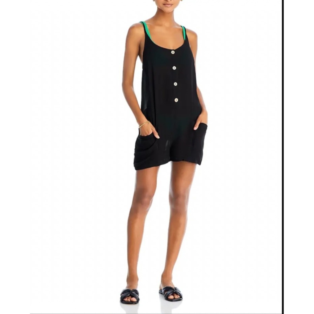AQUA WOMENS SHORT ROMPER W BUTTON S 196139646049 NEW MSRP $88 SWIM COVERUP BLACK